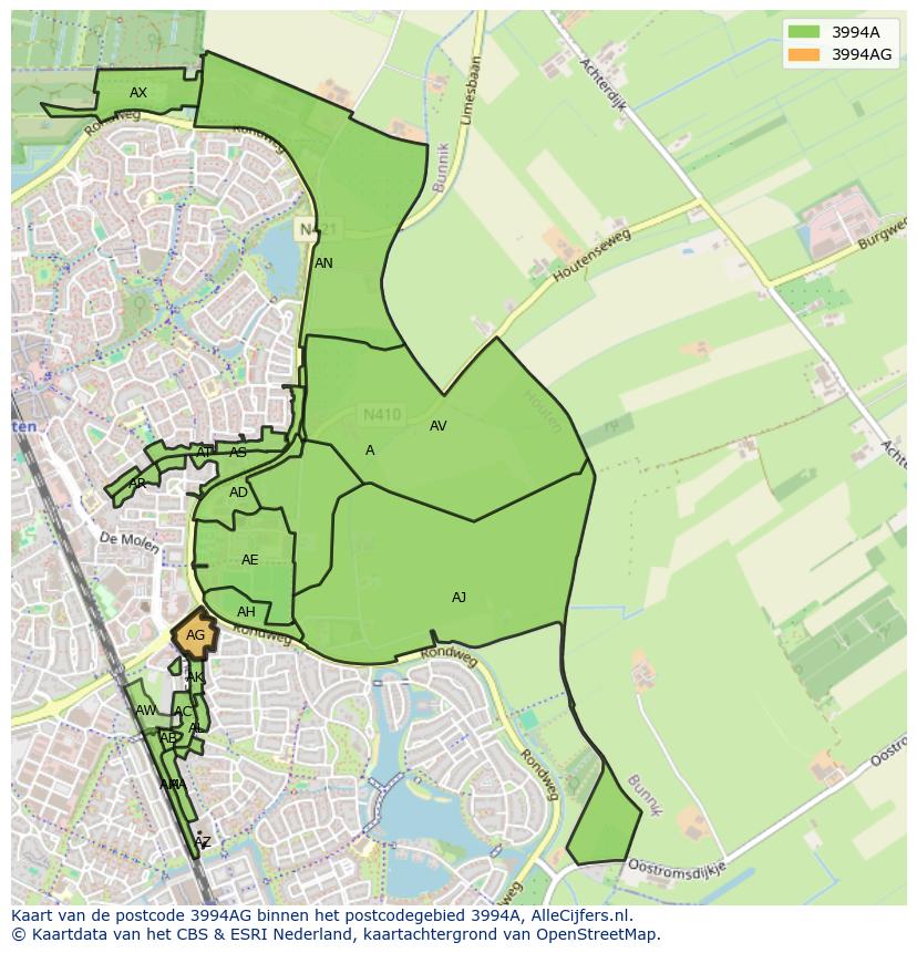 Afbeelding van het postcodegebied 3994 AG op de kaart.