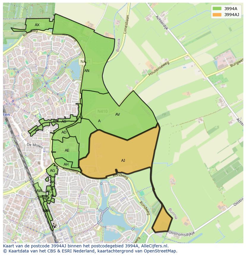 Afbeelding van het postcodegebied 3994 AJ op de kaart.