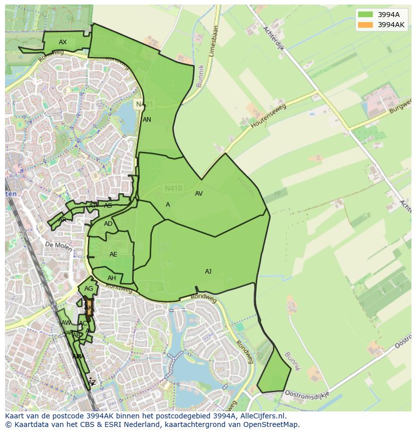 Afbeelding van het postcodegebied 3994 AK op de kaart.