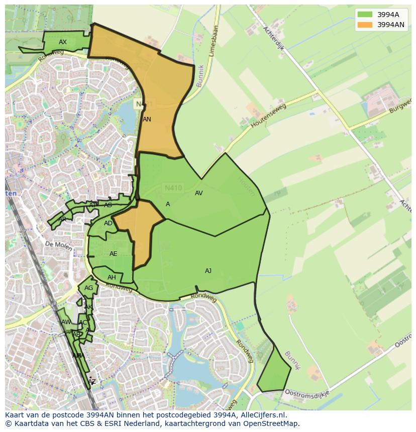 Afbeelding van het postcodegebied 3994 AN op de kaart.