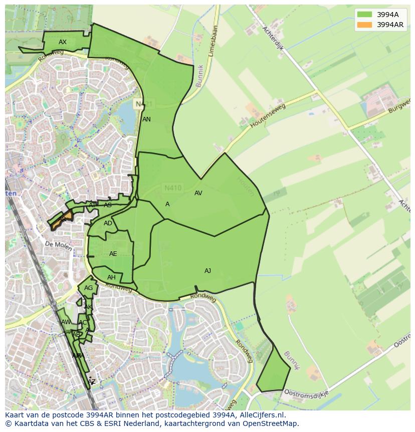 Afbeelding van het postcodegebied 3994 AR op de kaart.