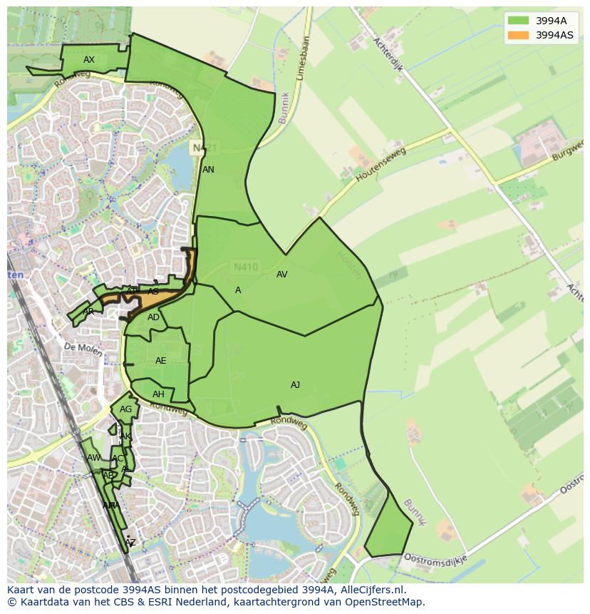 Afbeelding van het postcodegebied 3994 AS op de kaart.