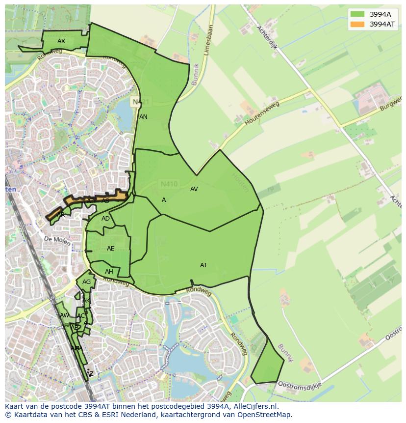 Afbeelding van het postcodegebied 3994 AT op de kaart.