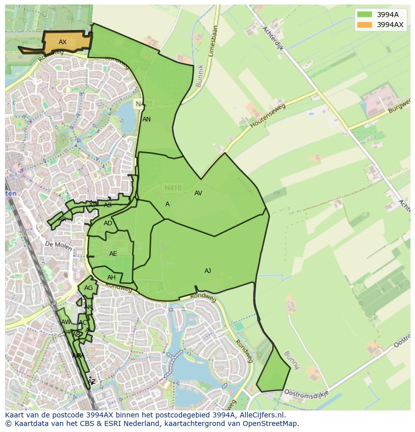 Afbeelding van het postcodegebied 3994 AX op de kaart.