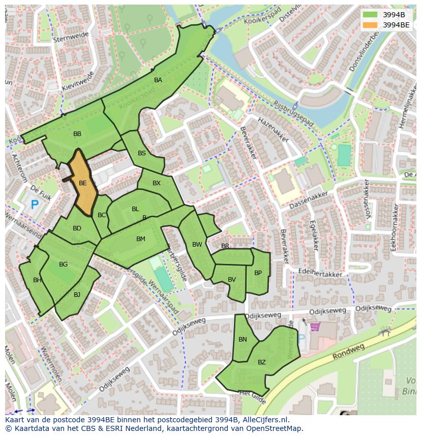 Afbeelding van het postcodegebied 3994 BE op de kaart.