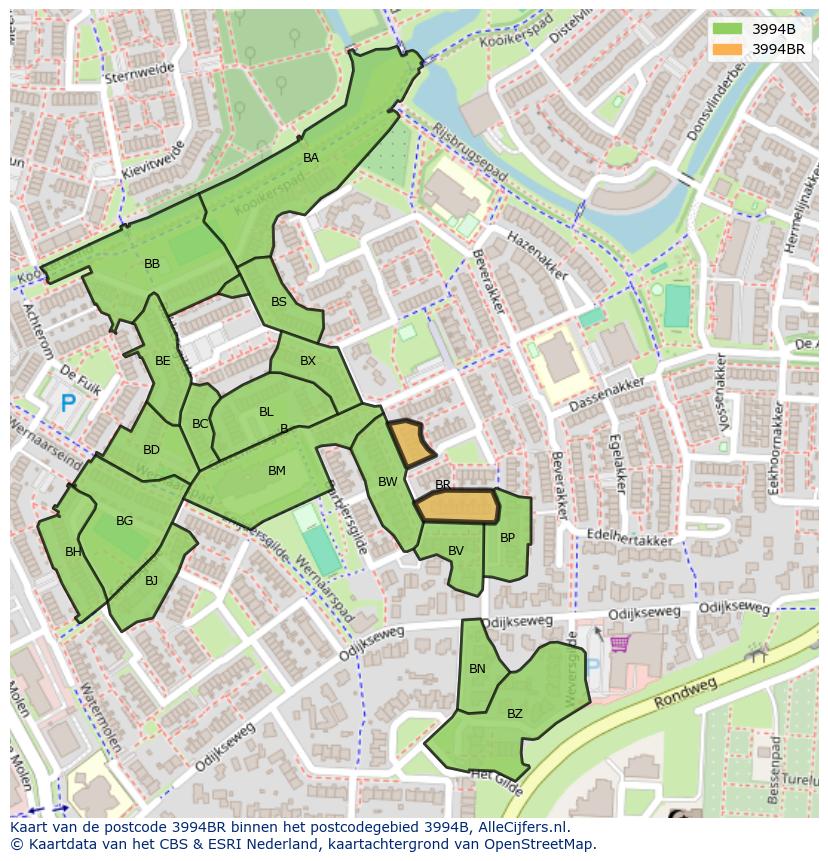Afbeelding van het postcodegebied 3994 BR op de kaart.