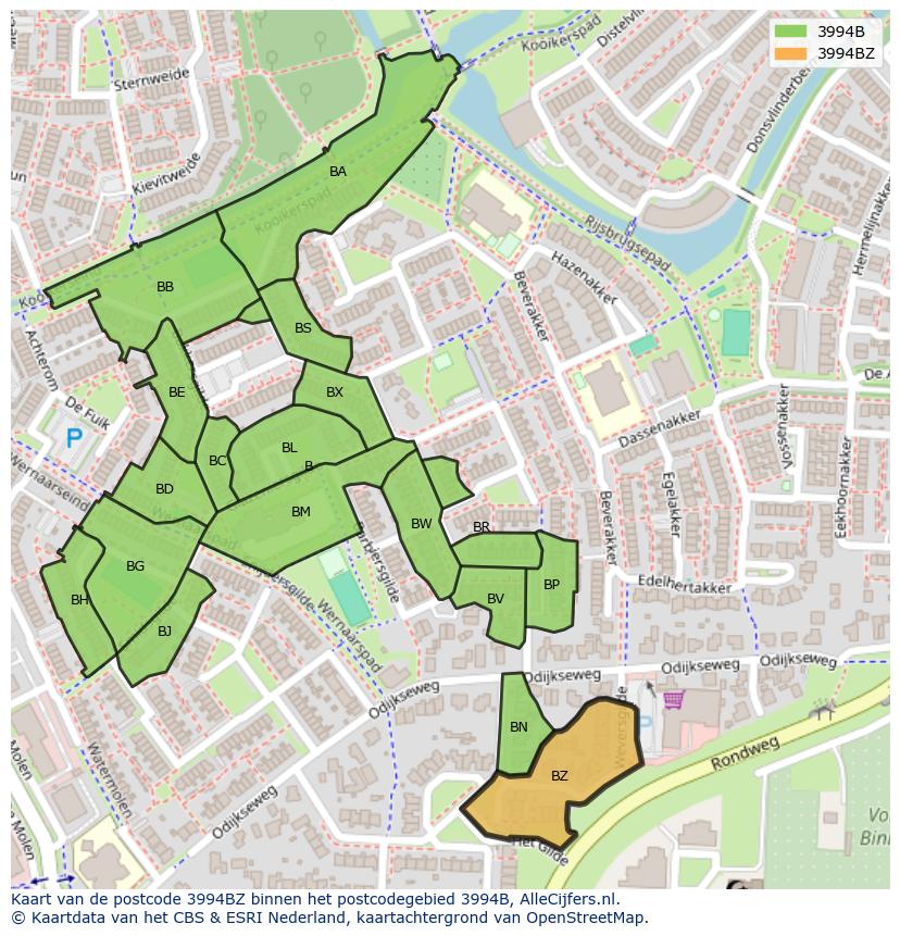 Afbeelding van het postcodegebied 3994 BZ op de kaart.