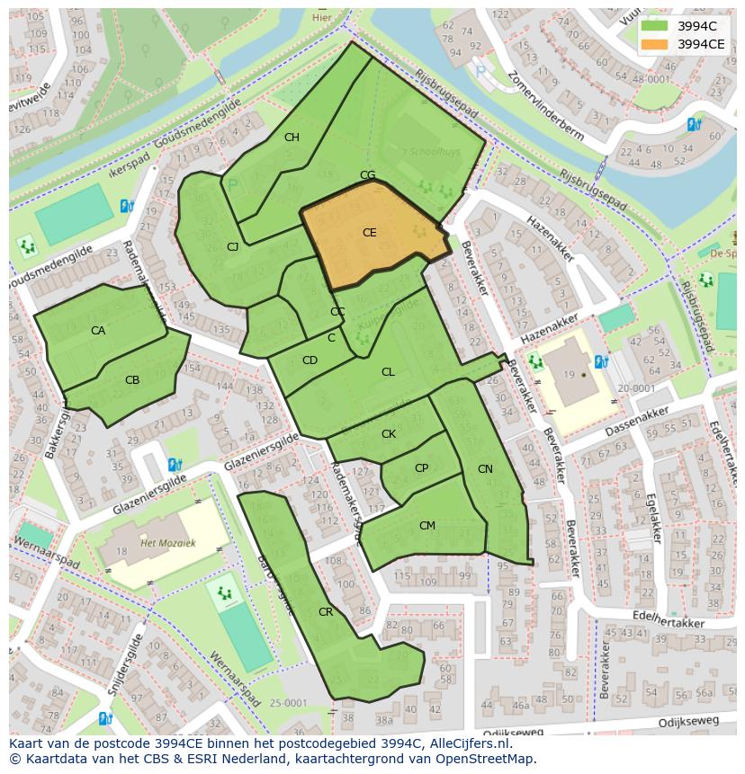 Afbeelding van het postcodegebied 3994 CE op de kaart.