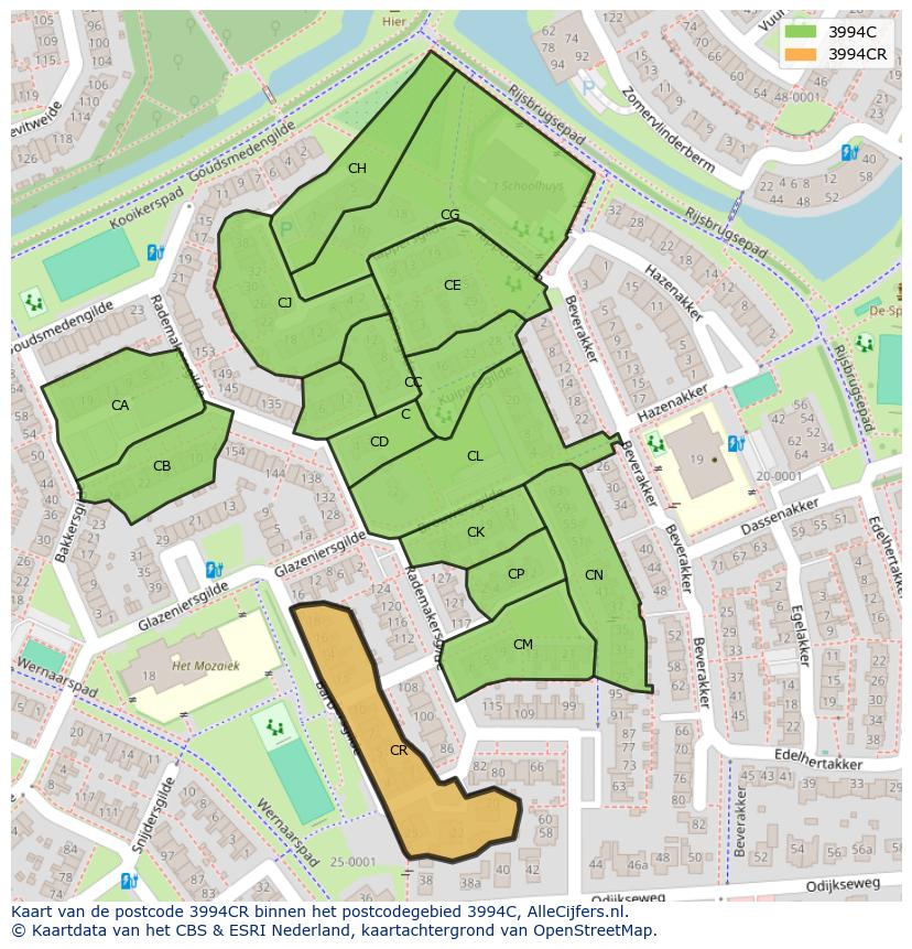 Afbeelding van het postcodegebied 3994 CR op de kaart.