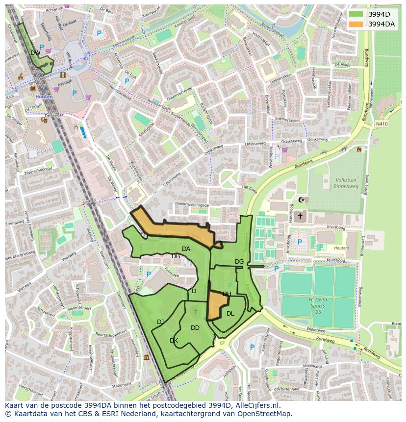 Afbeelding van het postcodegebied 3994 DA op de kaart.
