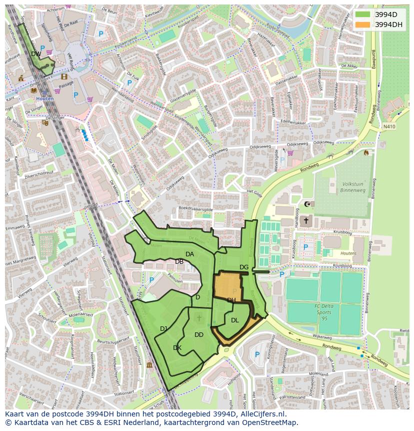Afbeelding van het postcodegebied 3994 DH op de kaart.