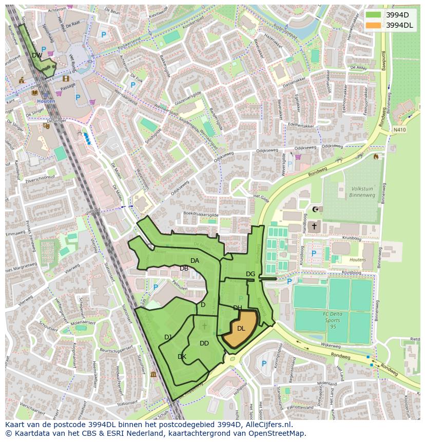 Afbeelding van het postcodegebied 3994 DL op de kaart.