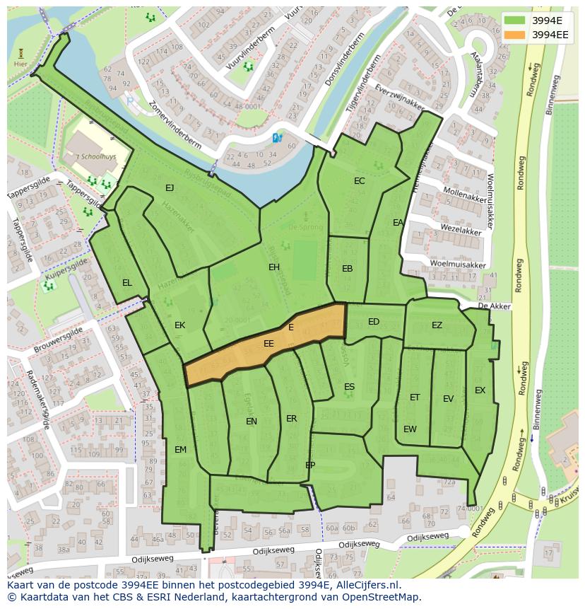 Afbeelding van het postcodegebied 3994 EE op de kaart.