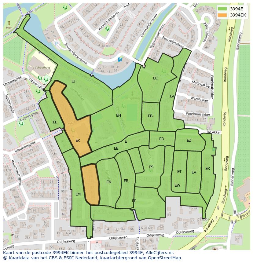Afbeelding van het postcodegebied 3994 EK op de kaart.