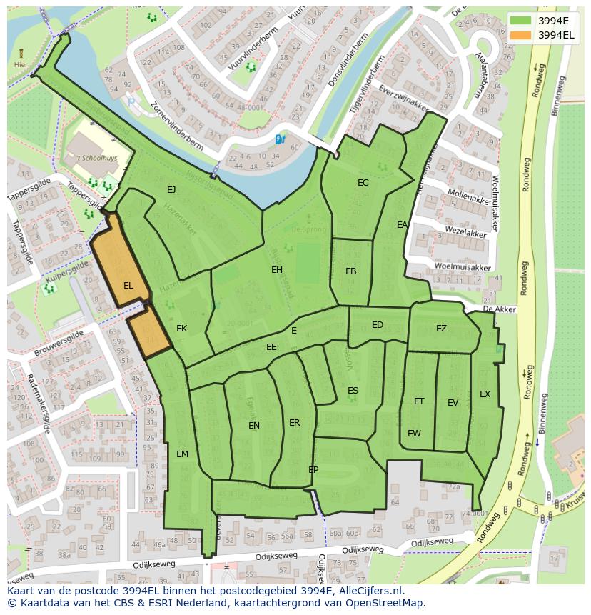 Afbeelding van het postcodegebied 3994 EL op de kaart.