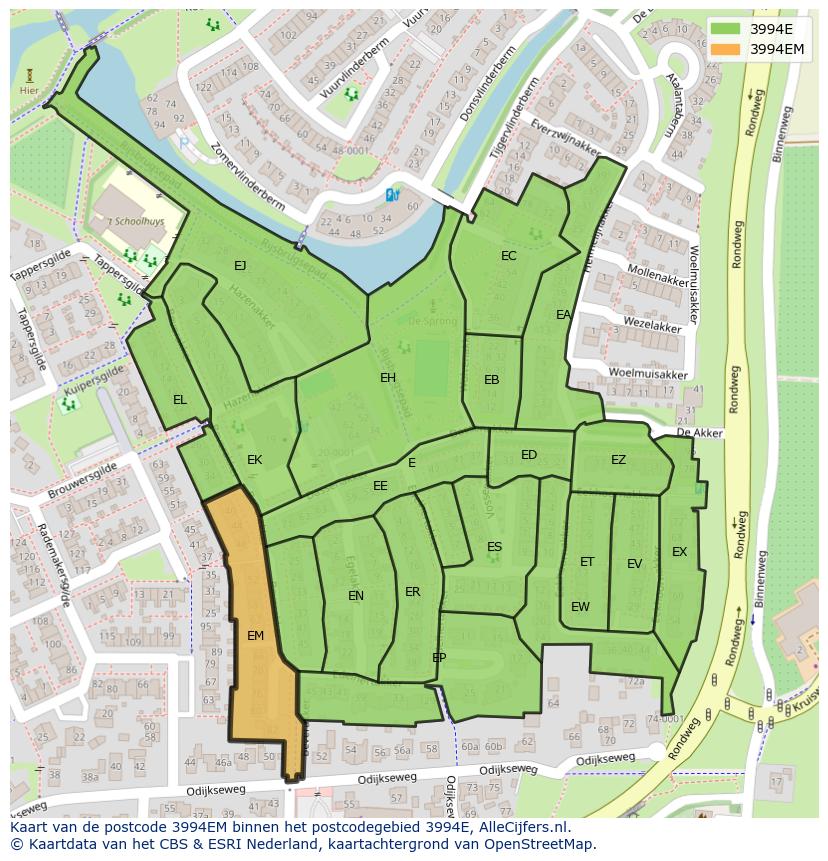 Afbeelding van het postcodegebied 3994 EM op de kaart.