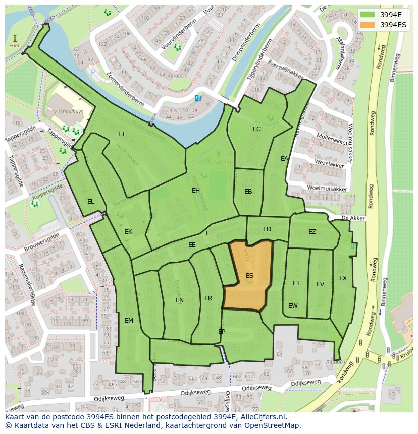 Afbeelding van het postcodegebied 3994 ES op de kaart.
