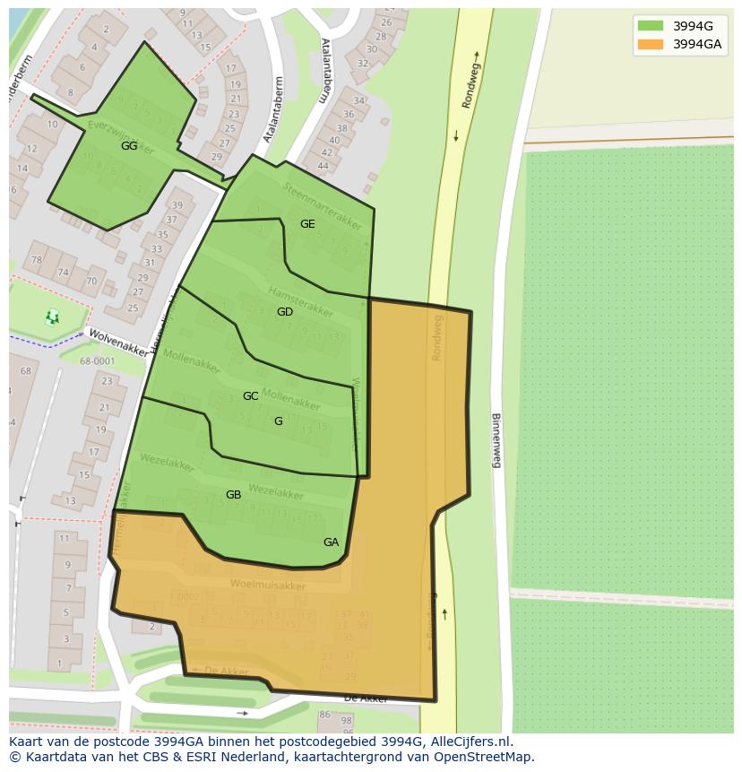 Afbeelding van het postcodegebied 3994 GA op de kaart.