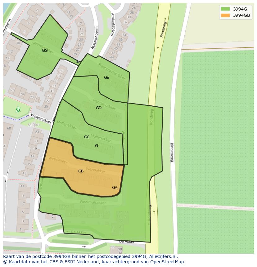Afbeelding van het postcodegebied 3994 GB op de kaart.