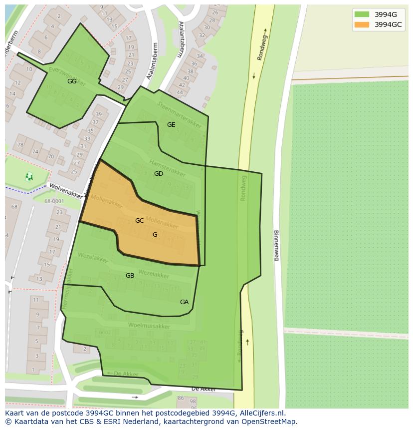 Afbeelding van het postcodegebied 3994 GC op de kaart.