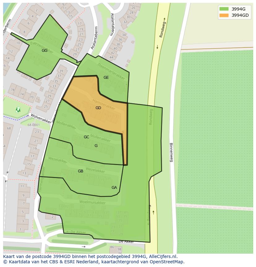 Afbeelding van het postcodegebied 3994 GD op de kaart.