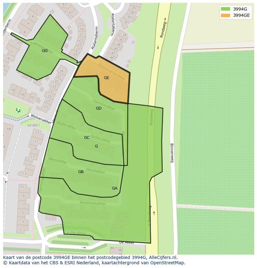 Afbeelding van het postcodegebied 3994 GE op de kaart.