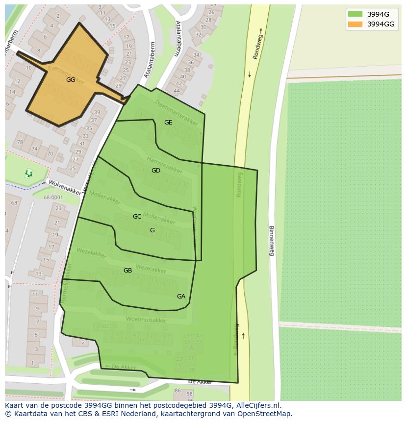 Afbeelding van het postcodegebied 3994 GG op de kaart.