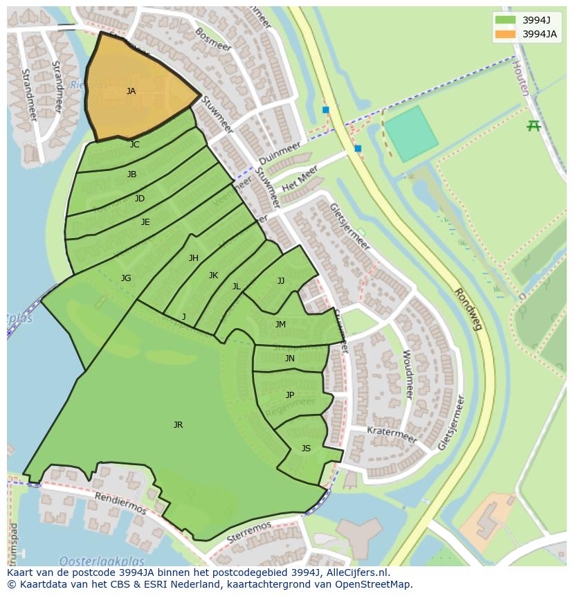 Afbeelding van het postcodegebied 3994 JA op de kaart.