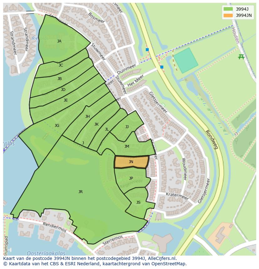 Afbeelding van het postcodegebied 3994 JN op de kaart.