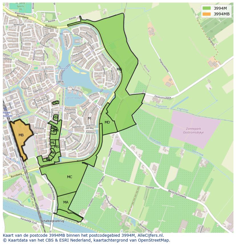 Afbeelding van het postcodegebied 3994 MB op de kaart.