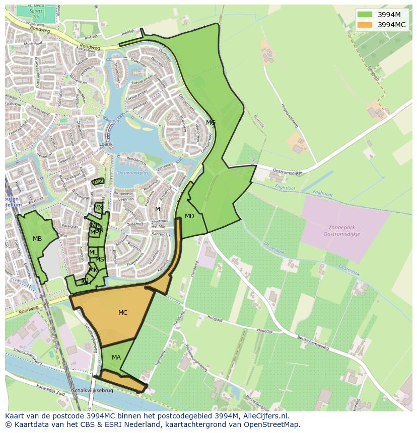 Afbeelding van het postcodegebied 3994 MC op de kaart.