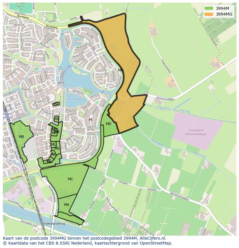Afbeelding van het postcodegebied 3994 MG op de kaart.