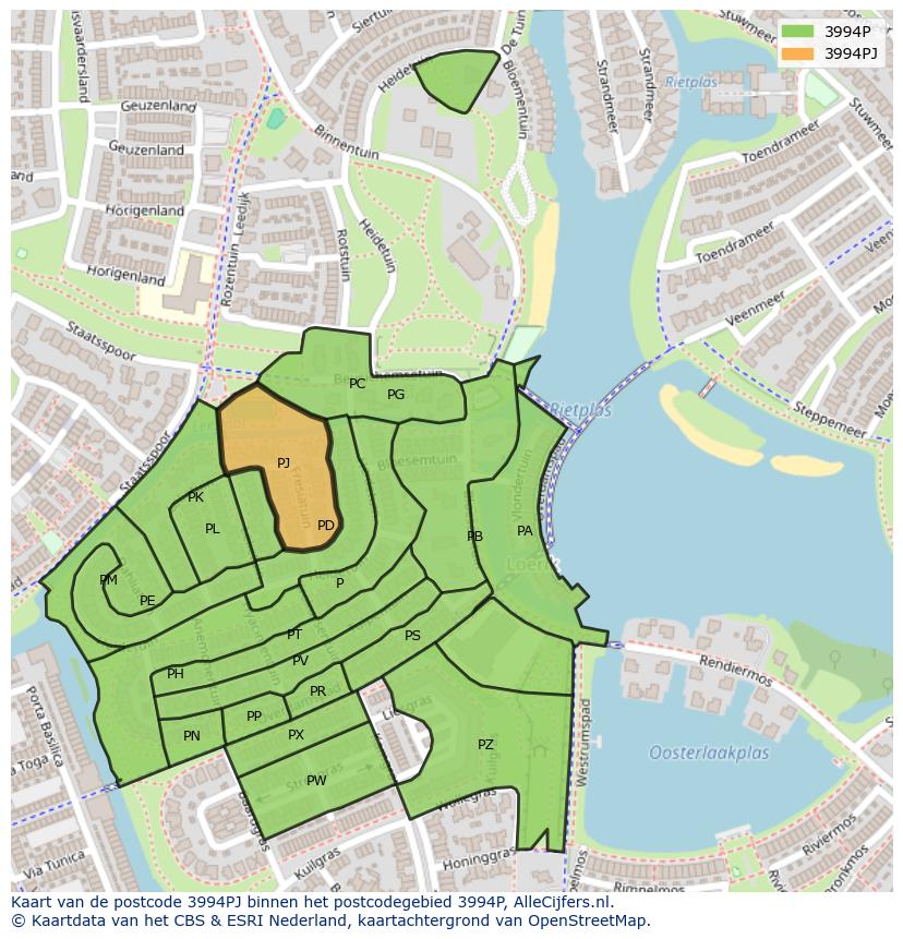 Afbeelding van het postcodegebied 3994 PJ op de kaart.