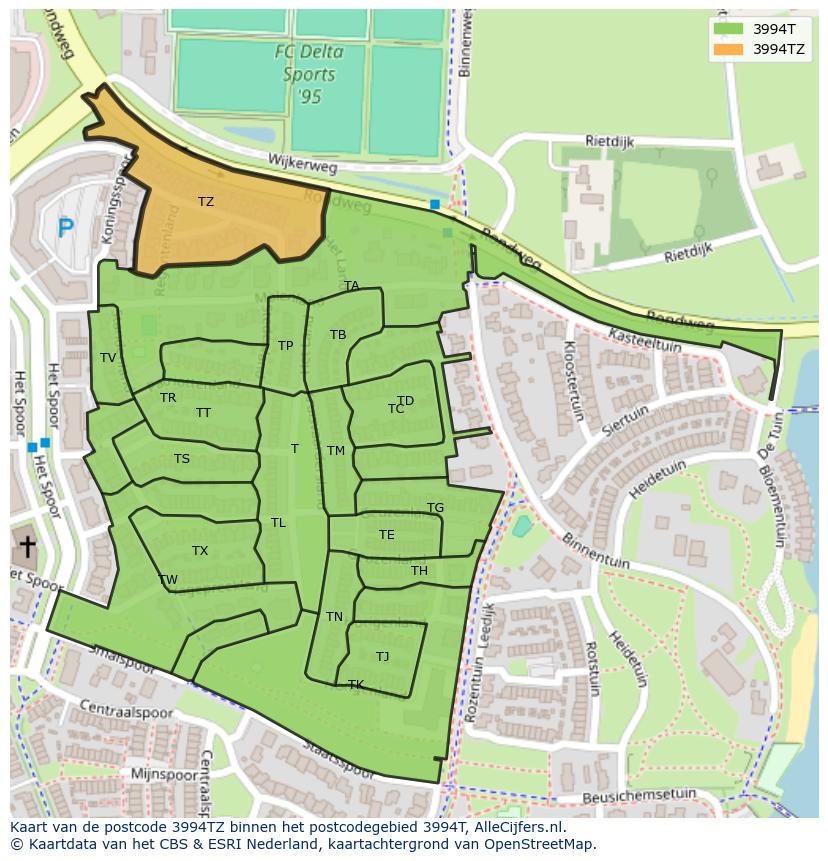Afbeelding van het postcodegebied 3994 TZ op de kaart.