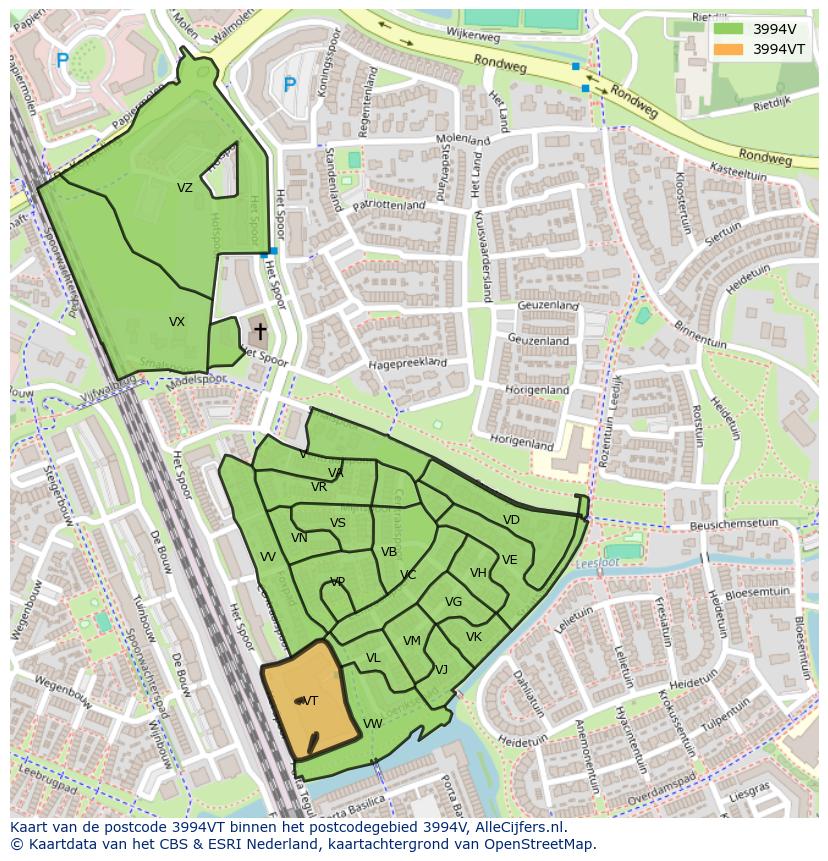 Afbeelding van het postcodegebied 3994 VT op de kaart.