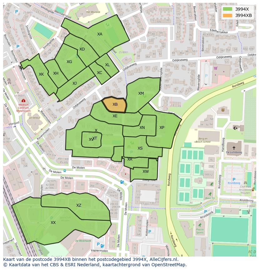 Afbeelding van het postcodegebied 3994 XB op de kaart.