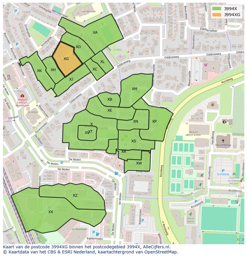 Afbeelding van het postcodegebied 3994 XG op de kaart.