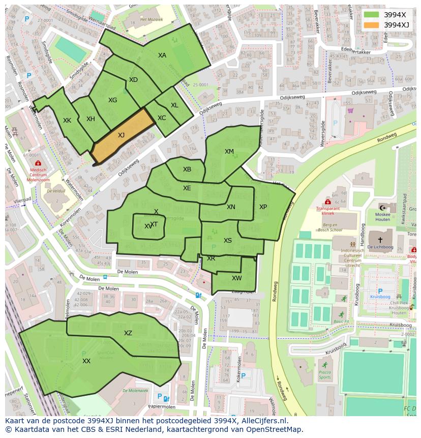 Afbeelding van het postcodegebied 3994 XJ op de kaart.