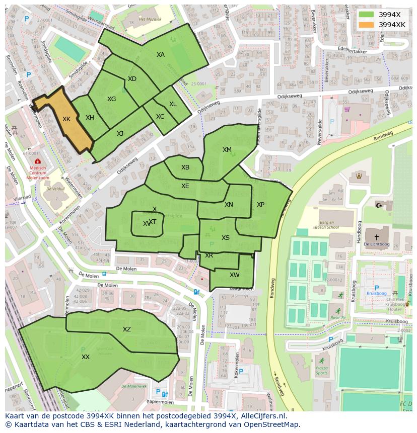 Afbeelding van het postcodegebied 3994 XK op de kaart.