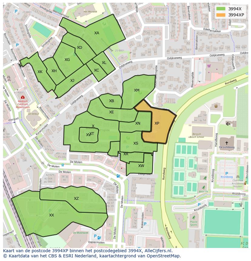Afbeelding van het postcodegebied 3994 XP op de kaart.