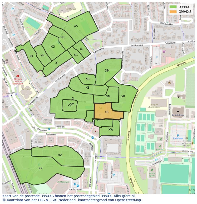Afbeelding van het postcodegebied 3994 XS op de kaart.