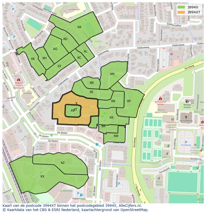 Afbeelding van het postcodegebied 3994 XT op de kaart.