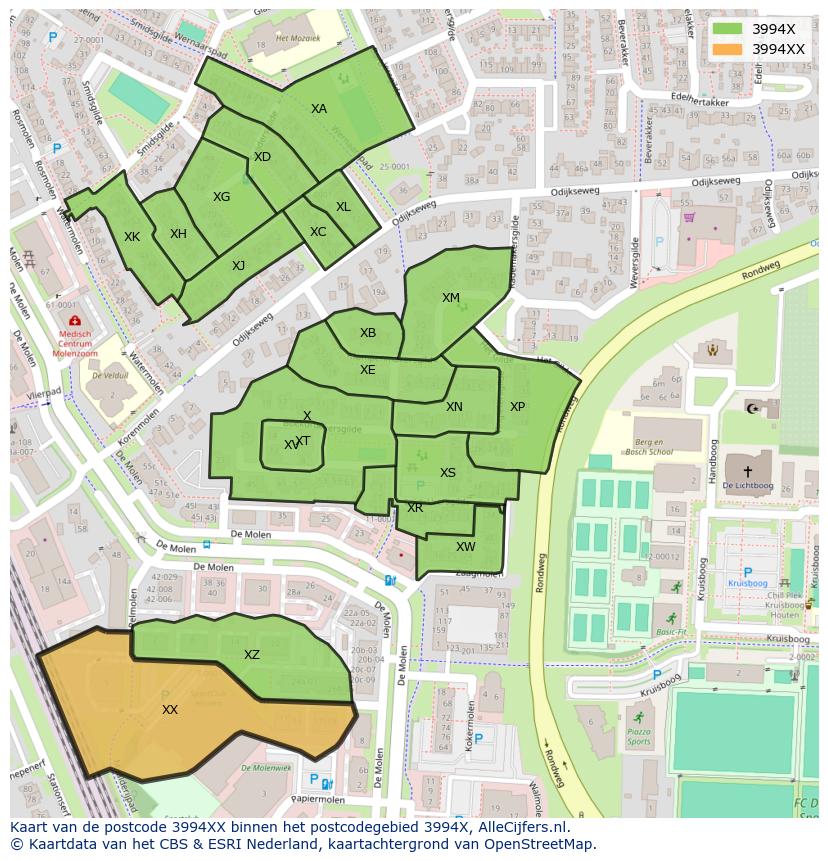Afbeelding van het postcodegebied 3994 XX op de kaart.