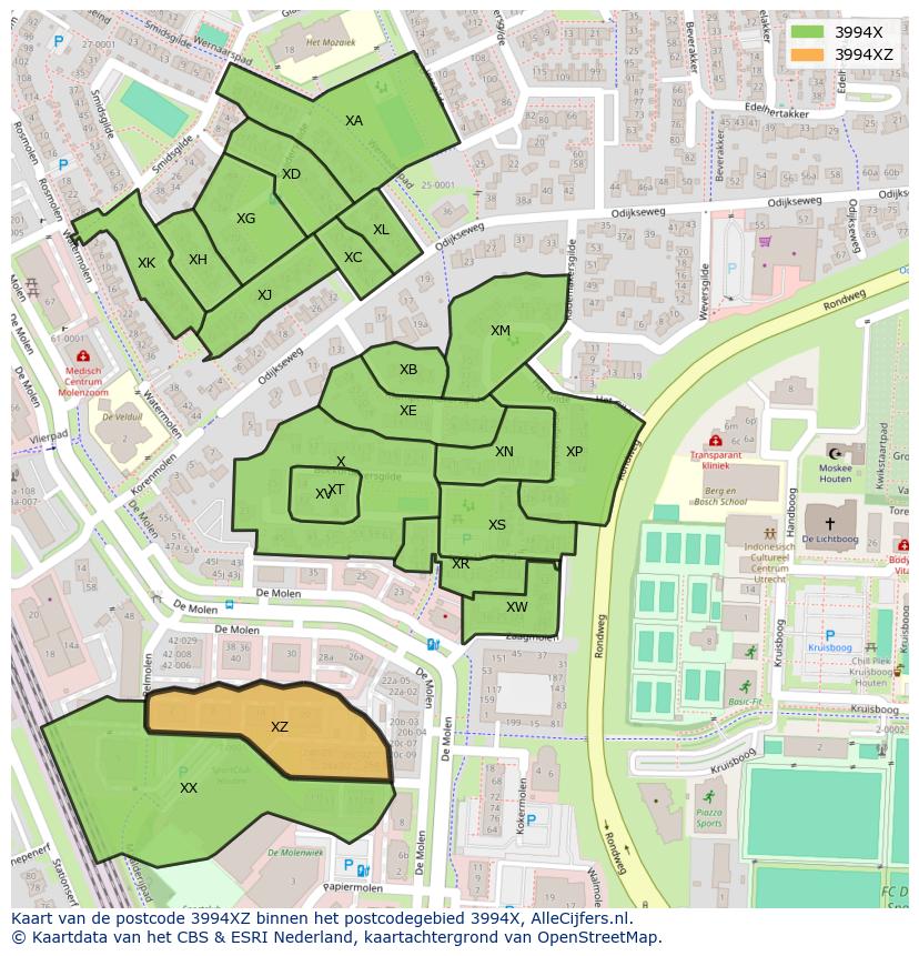 Afbeelding van het postcodegebied 3994 XZ op de kaart.
