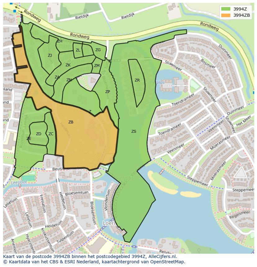 Afbeelding van het postcodegebied 3994 ZB op de kaart.