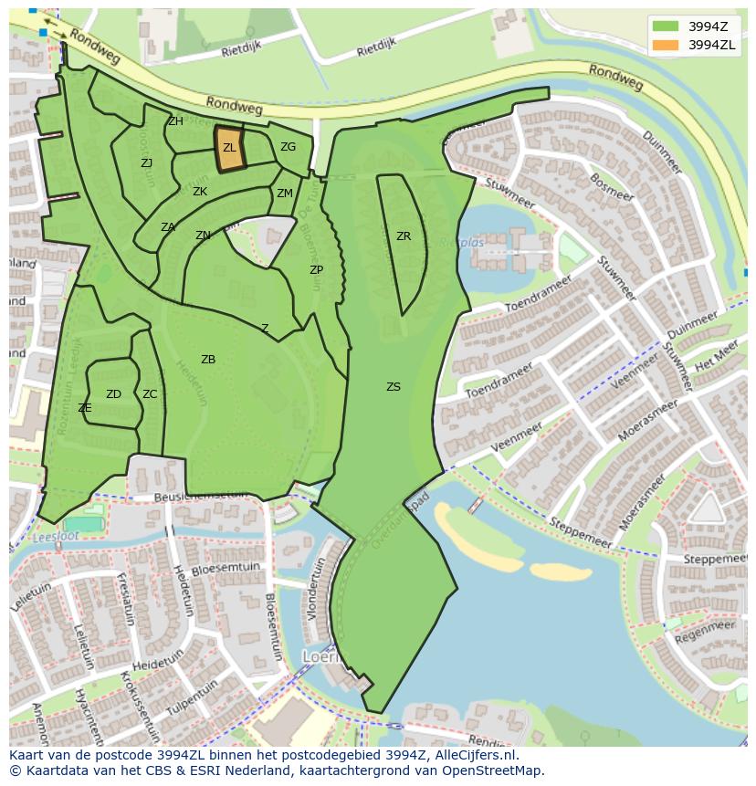 Afbeelding van het postcodegebied 3994 ZL op de kaart.