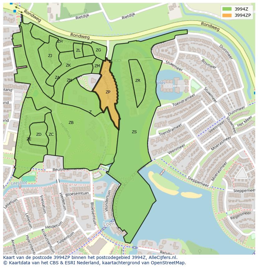 Afbeelding van het postcodegebied 3994 ZP op de kaart.
