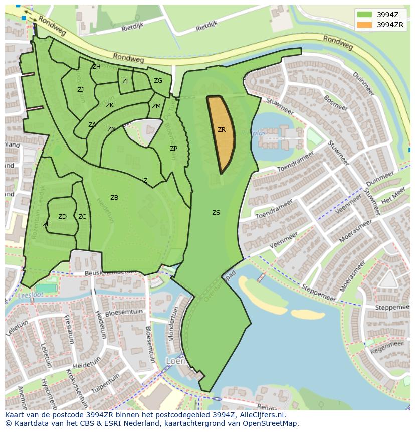 Afbeelding van het postcodegebied 3994 ZR op de kaart.