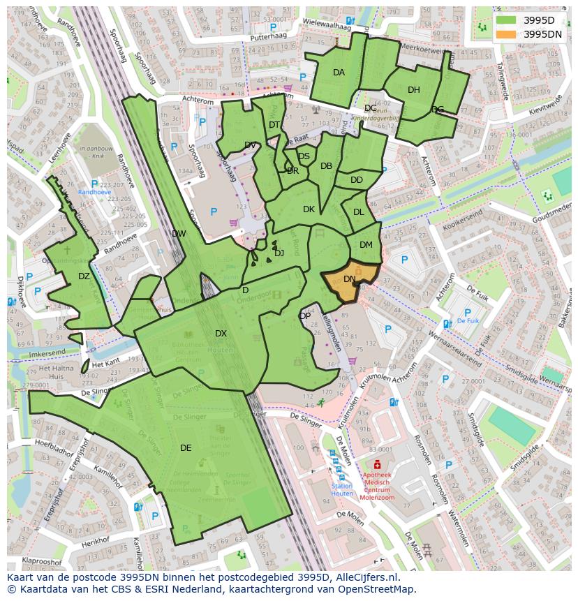 Afbeelding van het postcodegebied 3995 DN op de kaart.