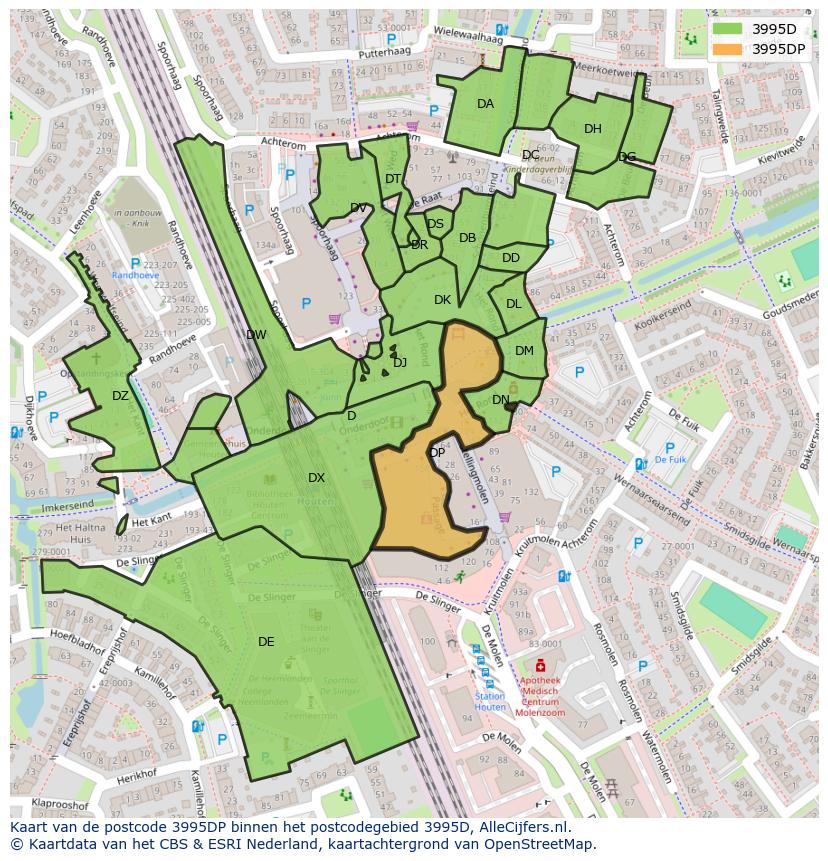 Afbeelding van het postcodegebied 3995 DP op de kaart.